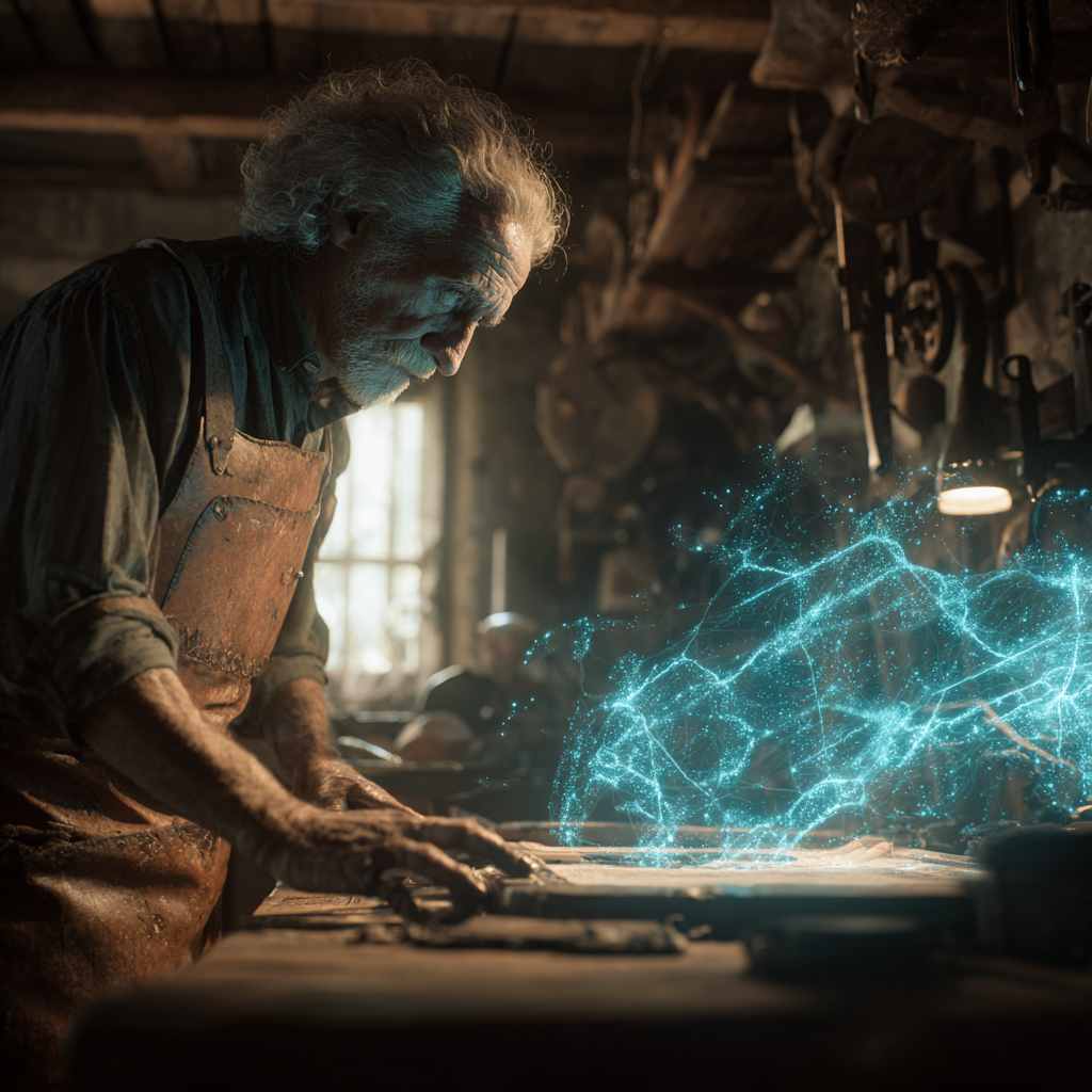 Un artesano veterano en un taller clásico manipulando hilos de luz holográficos, representando la unión de la experiencia tradicional con la IA.