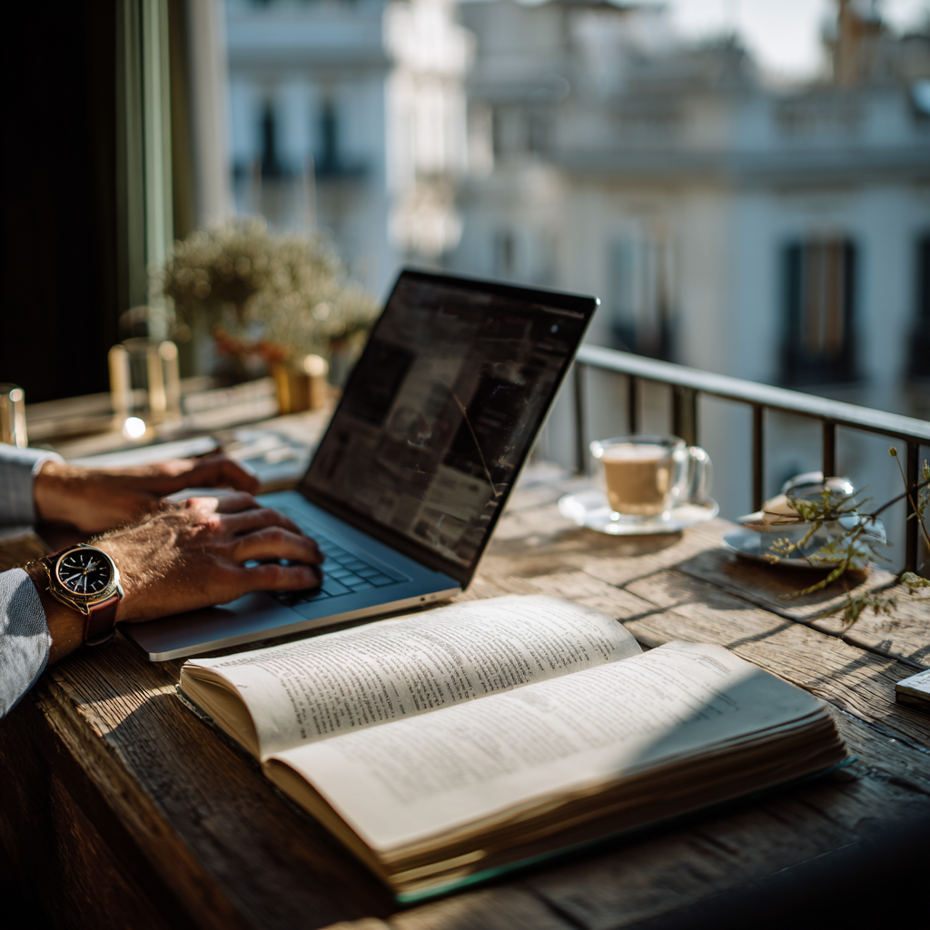 Fotografia conceitual de um empreendedor trabalhando em um escritório ensolarado na Espanha, mesclando tecnologia avançada de dados em um laptop com objetos analógicos sobre a mesa, ilustrando o toque humano essencial para empreender no digital em 2026.