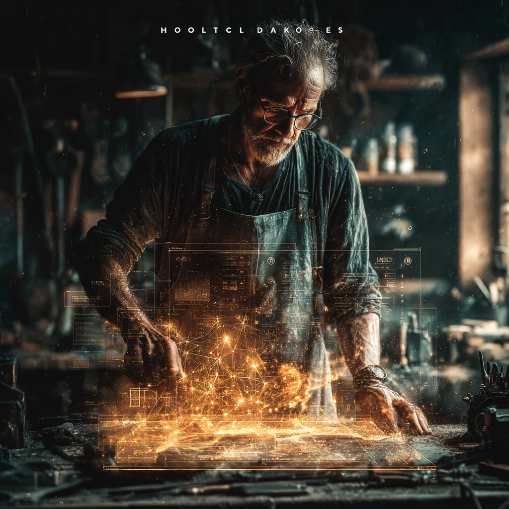 Profissional experiente manipulando interface holográfica dourada sobre ferramentas antigas em oficina tradicional.