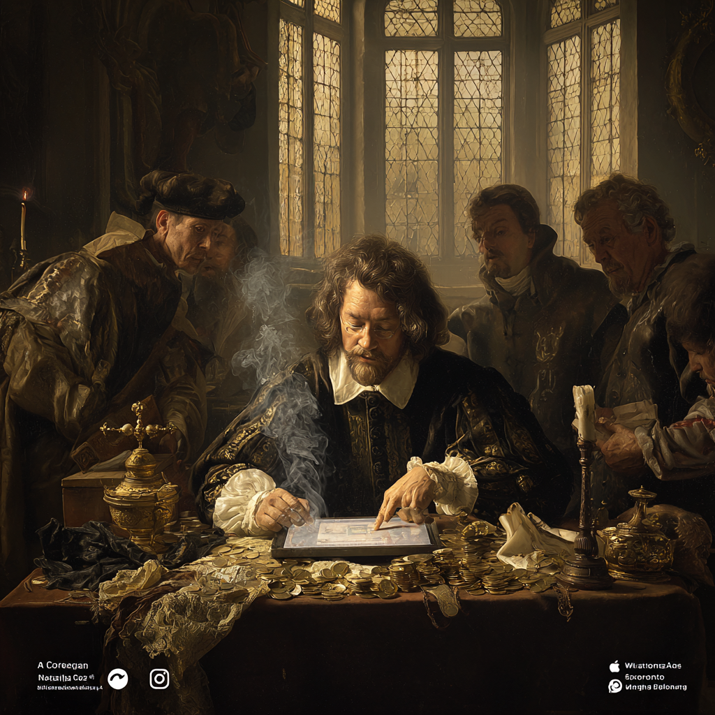 Filósofo diseccionando un pergamino brillante ante comerciantes, ilustrando la maestría del copywriting educativo.