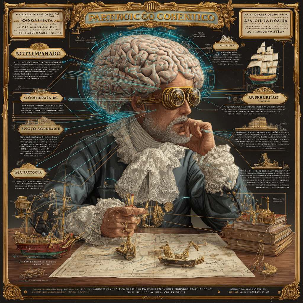 Erudito mapeando islas en forma de cerebro conectadas por puentes neón, simbolizando la estrategia de dominio de nicho y topic clusters en 2026.