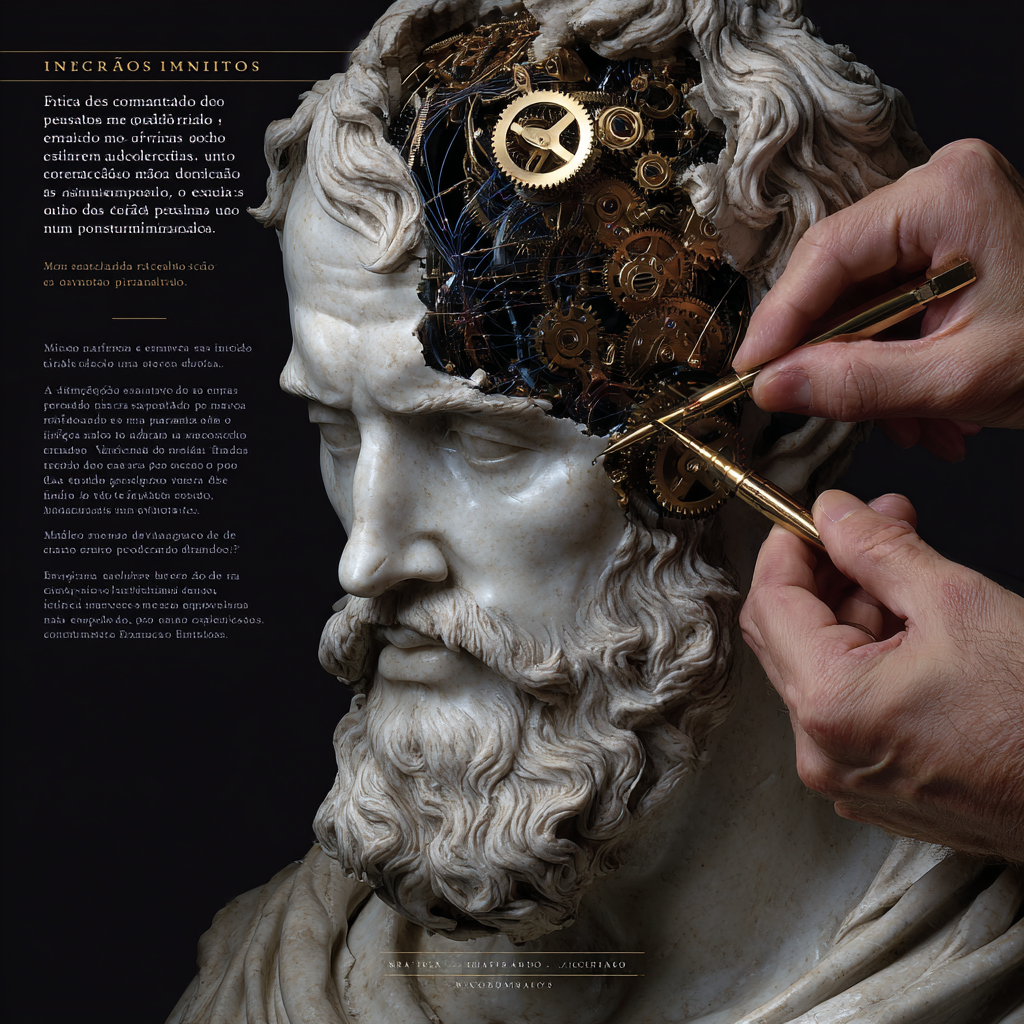 Busto de mármol con engranajes de oro y circuitos siendo ajustados por mano robótica, simbolizando cómo reprogramar tu mente para la riqueza.