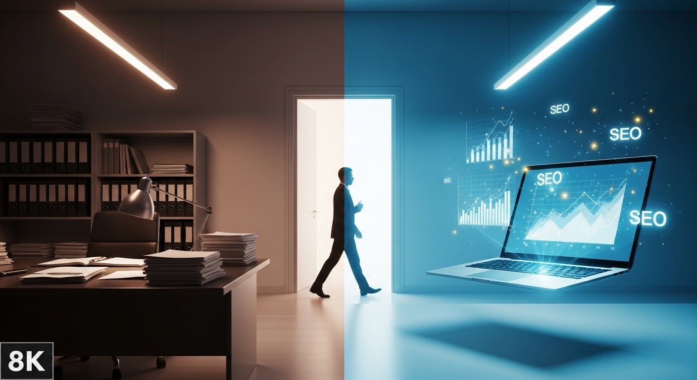 Ilustración dividida que muestra a un profesional cruzando un portal luminoso; a un lado, un entorno de oficina gris y tradicional, al otro, un espacio digital vibrante con hologramas de datos y naturaleza integrada.