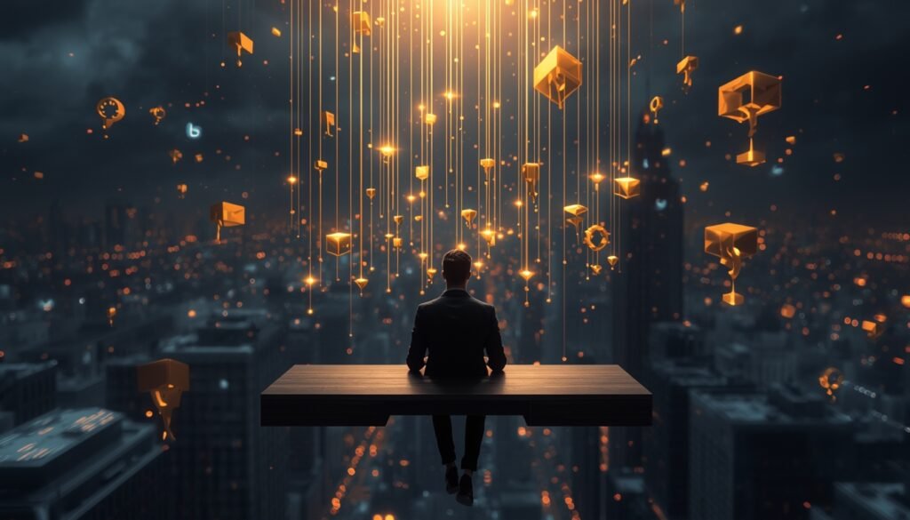 Ilustración surrealista de un emprendedor sereno sentado en un escritorio minimalista flotando sobre una metrópolis caótica llena de notificaciones y relojes derritiéndose. Líneas doradas de datos conectan su mente con estructuras sólidas de oro que representan activos digitales. Estilo cinematográfico, iluminación dramática, 8k.