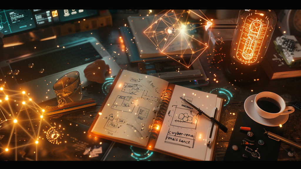 Una imagen conceptual de un profesional en un escritorio oscuro donde su sombra proyectada en la pared es un centauro tecnológico brillante. La escena combina elementos analógicos como papel y lápiz con interfaces holográficas, representando la unión de la creatividad humana y la IA.