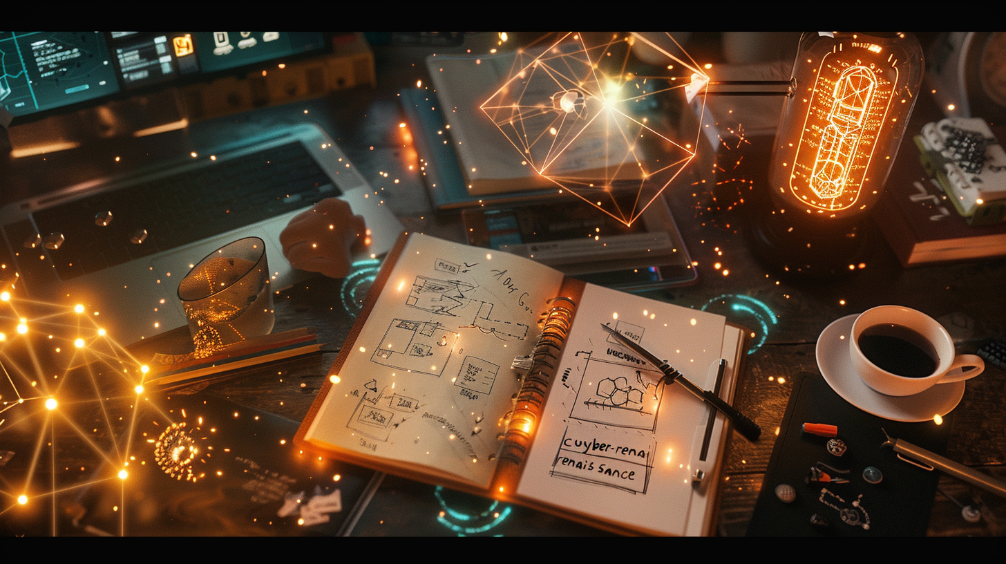 Una imagen conceptual de un profesional en un escritorio oscuro donde su sombra proyectada en la pared es un centauro tecnológico brillante. La escena combina elementos analógicos como papel y lápiz con interfaces holográficas, representando la unión de la creatividad humana y la IA.