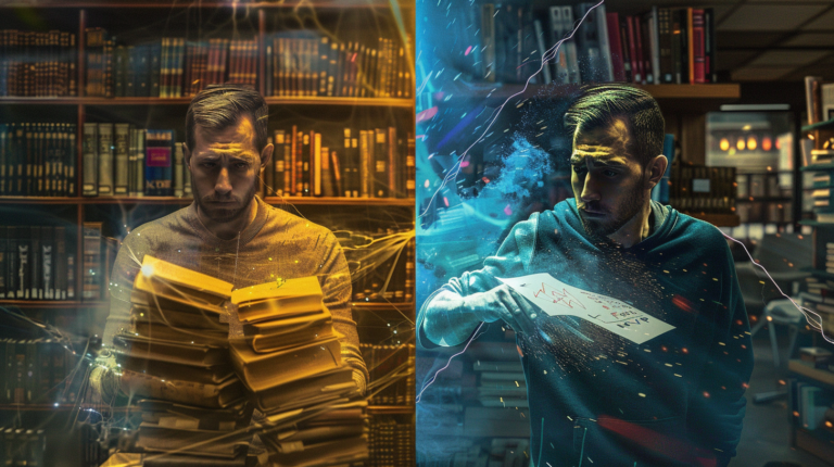 Una composición dividida: a la izquierda, un hombre convertido en estatua de mármol cargando libros polvorientos (preparación excesiva); a la derecha, el mismo hombre cruzando con energía una línea de meta con un prototipo sencillo en la mano (poder del MVP).