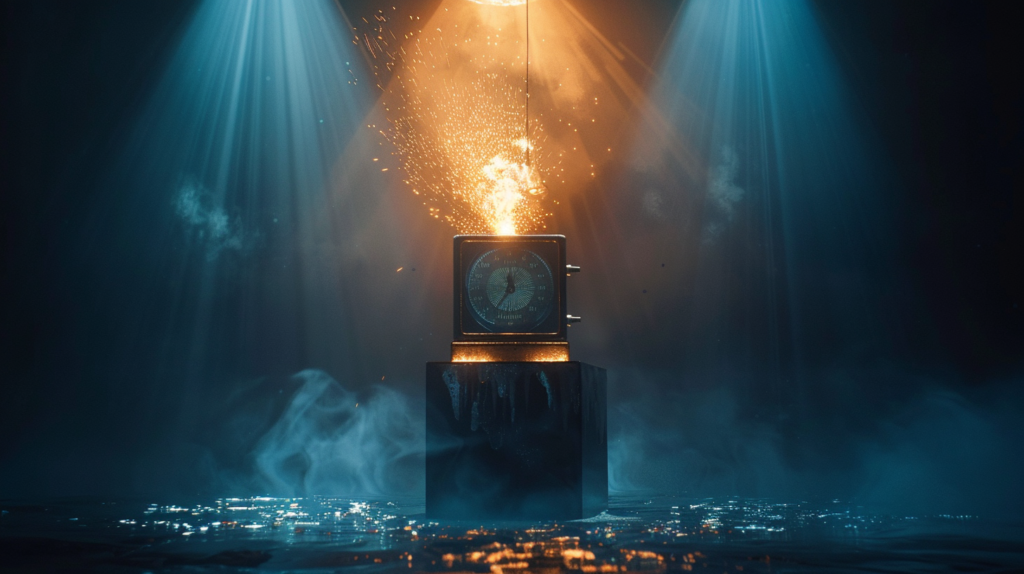 Una imagen conceptual de un termostato antiguo y lujoso en un escenario oscuro, dividido entre texturas de hielo azul y fuego dorado. Una silueta humana etérea ajusta el dispositivo, simbolizando la reprogramación de la mente para soportar la riqueza y el éxito en el mercado digital.