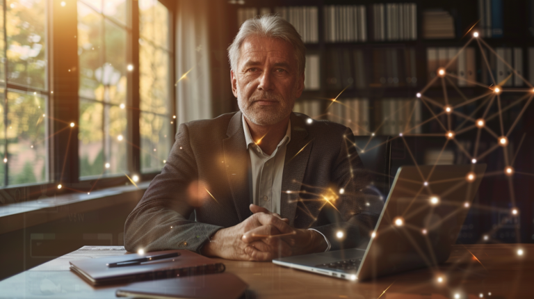 Retrato profesional de un hombre de unos 50 años con canas, sentado frente a un ordenador portátil en una oficina moderna. Elementos digitales brillantes flotan sutilmente a su alrededor, simbolizando la unión entre la experiencia clásica y la innovación digital.