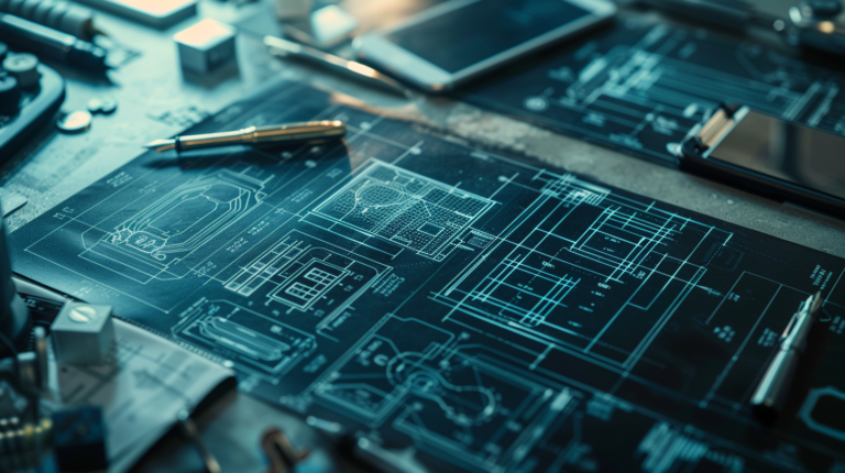 Primer plano cinematográfico y minimalista de un escritorio de pizarra oscura. Sobre la mesa, se superponen planos digitales translúcidos y brillantes con diagramas técnicos en papel de alta calidad. Una pluma estilográfica clásica y un smartphone moderno y elegante reposan uno al lado del otro. La iluminación es focalizada y suave, con tonos azul profundo y metálicos, creando una atmósfera profesional, sofisticada y tecnológica.