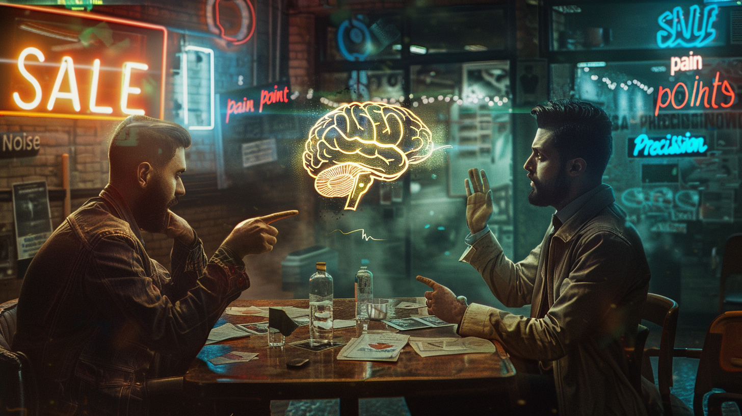 Una escena cinematográfica en la que un mentor calmado analiza un mapa cerebral holográfico para un cliente estresado, en un entorno profesional que contrasta con un fondo borroso de anuncios de rebajas y luces de neón, simbolizando la autoridad y la precisión frente al ruido publicitario.