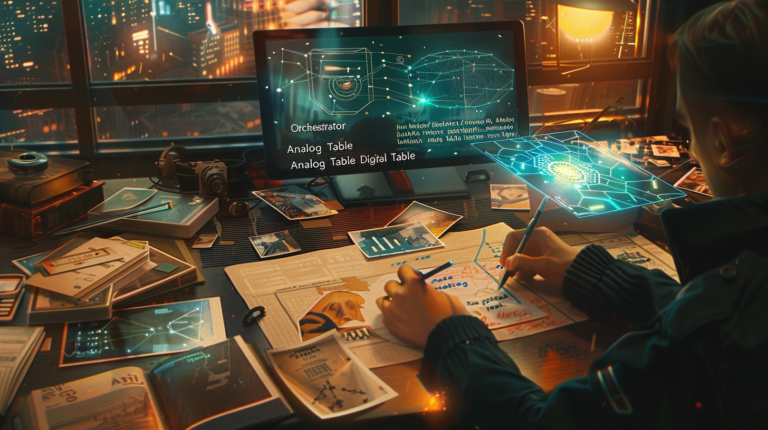 Espacio de trabajo de un estratega digital que combina herramientas analógicas como libros y cuadernos con interfaces de inteligencia artificial, representando la orquestación digital y la colaboración humano-máquina