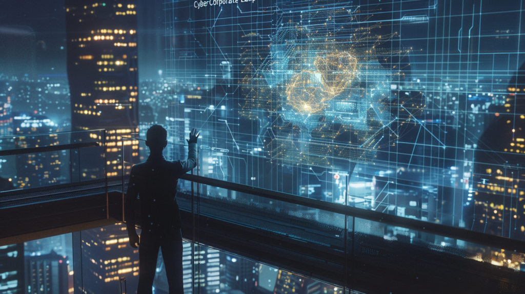 Una imagen cinematográfica de un profesional en un entorno moderno y lujoso, controlando redes de datos e inteligencia artificial representadas por hologramas dorados y azules. Al fondo, una ciudad futurista de noche simboliza el mercado global y el apalancamiento tecnológico.