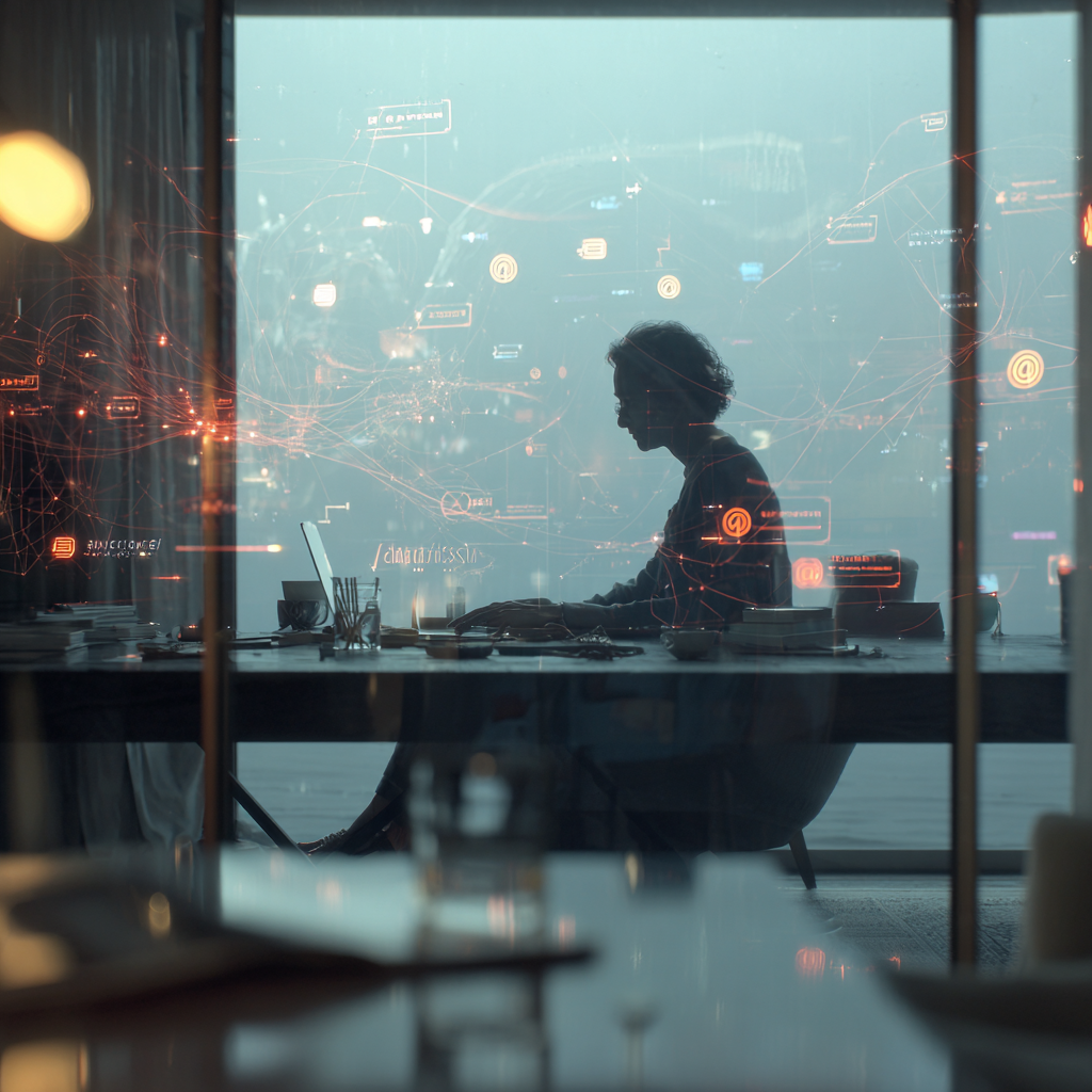 "Emprendedor digital en estado de Trabajo Enfocado protegido por un escudo de luz azul que repele notificaciones y ruidos digitales, representando la claridad mental y el esencialismo en 2026."