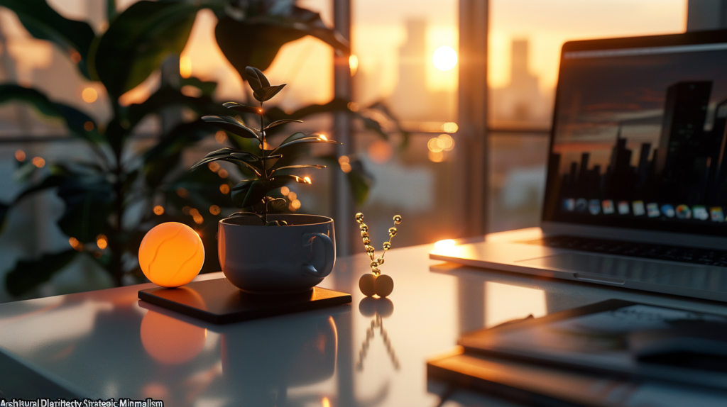 Un escritorio minimalista de madera clara frente a una ventana con vistas a Madrid al amanecer. Sobre la mesa, solo un ordenador portátil fino, una taza de café y un solo dominó dorado de pie, simbolizando la claridad y el primer paso esencial.