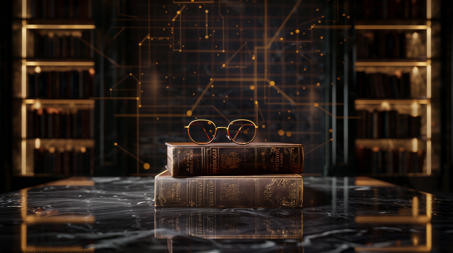 Libros de estrategia sobre mesa de mármol con proyección de plano arquitectónico al fondo, representando la construcción de una base sólida de conocimiento en ventas y persuasión.