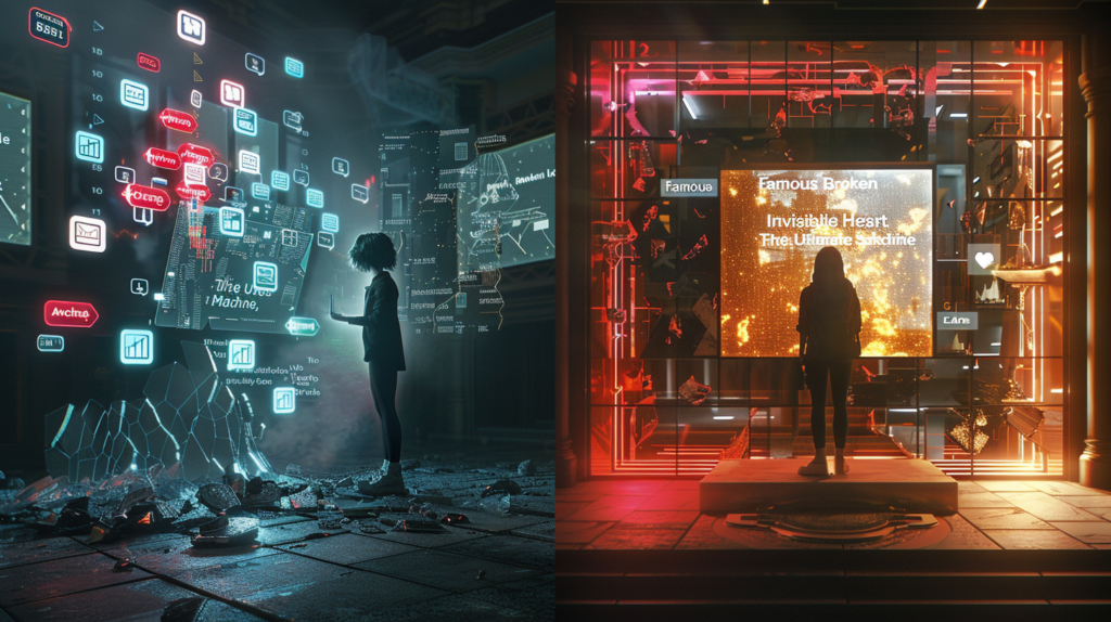 Una composición visual dividida: a la izquierda, la fragilidad de un influencer de cristal rodeado de métricas de vanidad; a la derecha, la solidez de un empresario dentro de una fortaleza de oro y mármol que simboliza una estructura de negocio real.