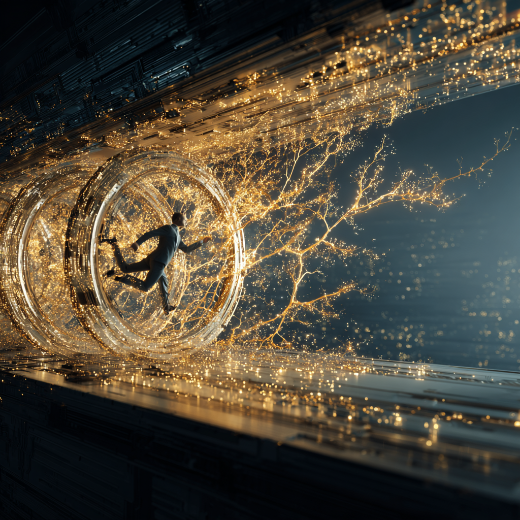 "Metáfora visual de la Psicología del Dinero: a la izquierda, una persona exhausta corre en una rueda de hámster dorada en la oscuridad; a la derecha, la misma persona cultiva un árbol digital de luz en un balcón futurista bajo el sol, simbolizando la libertad financiera."