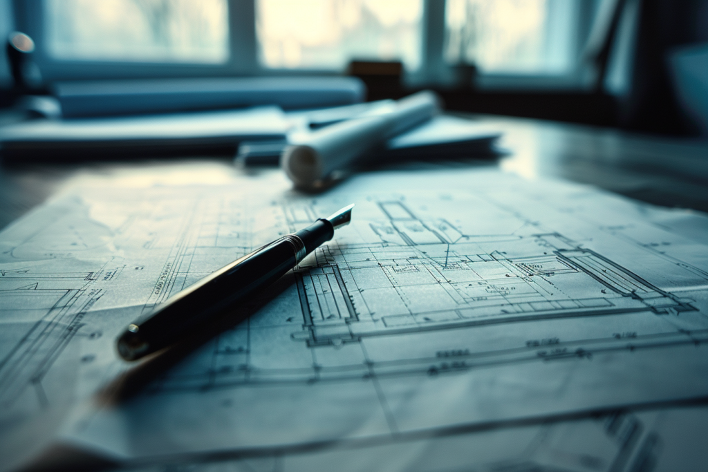 Primer plano minimalista y de alto contraste del escritorio de un arquitecto. Sobre la mesa se despliegan planos detallados de un rascacielos, con una pluma estilográfica vintage descansando sobre los dibujos técnicos. La escena está iluminada por una luz natural suave proveniente de una ventana lateral. La estética es limpia, profesional y sofisticada, con tonos monocromáticos y sutiles matices de azul profundo. Enfoque nítido en la textura del papel.