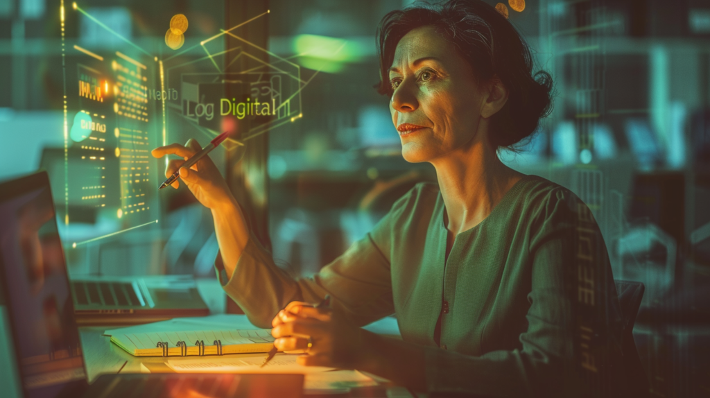 Mujer profesional de 50 años liderando su transformación digital con serenidad, integrando herramientas tecnológicas y sabiduría analógica.