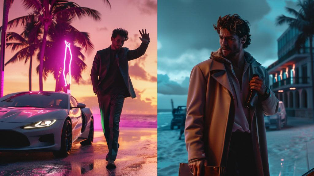 Una imagen dividida en dos partes. A la izquierda, bajo luces artificiales y flashes, un hombre estresado gesticula junto a un coche de lujo. A la derecha, bajo una luz natural y tranquila, una persona serena camina por la playa con su familia, sonriendo. La imagen ilustra el contraste entre la riqueza ostentada y la prosperidad vivida.