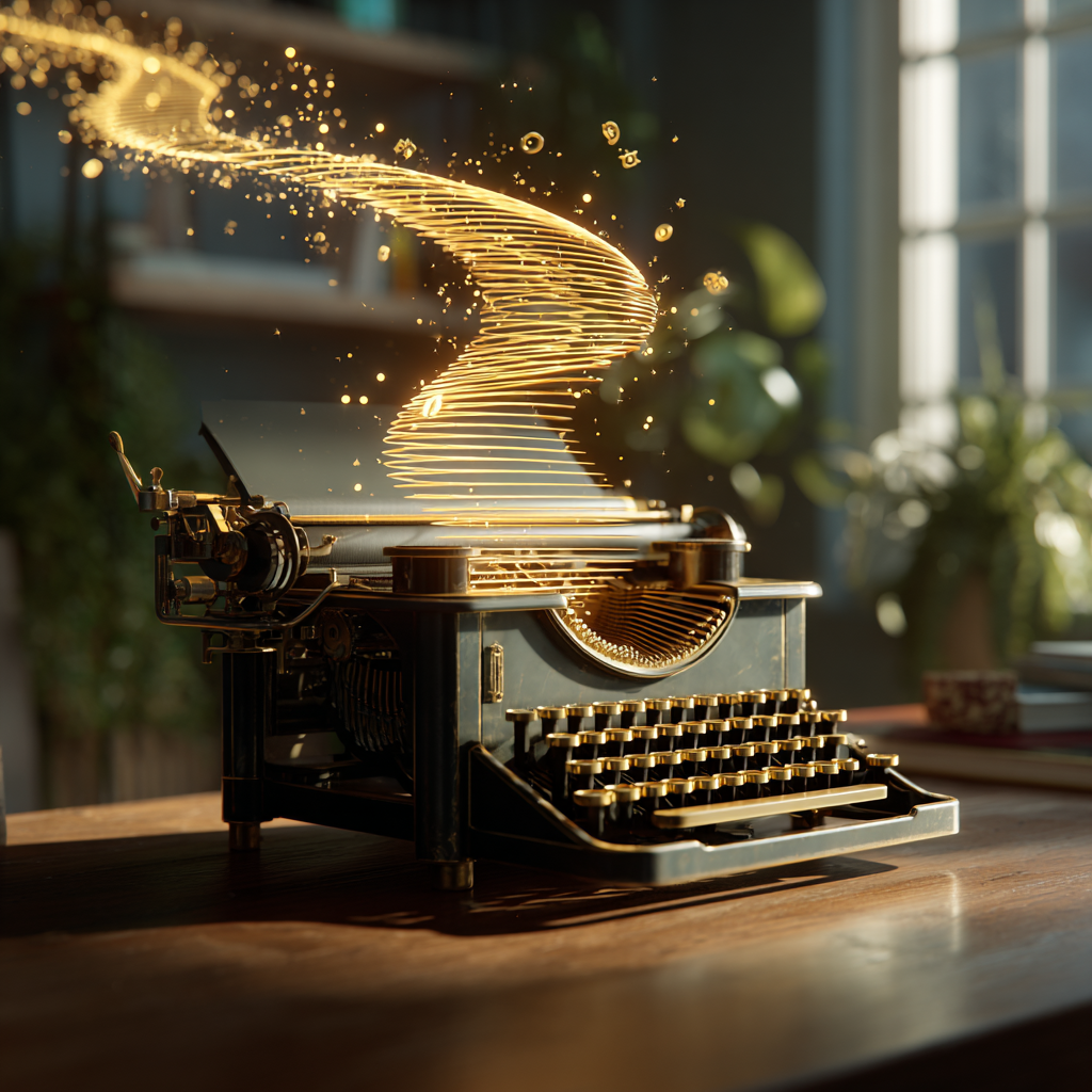 "Una máquina de escribir clásica en una mesa moderna, de donde sale una cinta de tinta dorada que se transforma en monedas de oro, simbolizando la riqueza generada por la escritura persuasiva."