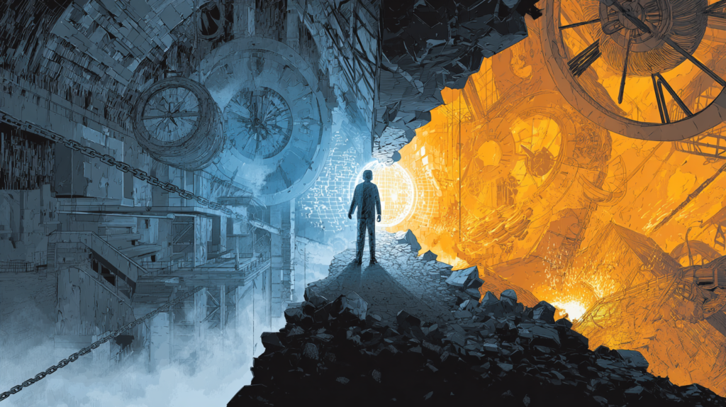 Ilustración conceptual cinematográfica dividida en dos realidades. A la izquierda, en tonos de gris y hormigón, se representa la "prisión corporativa" del mercado tradicional con relojes y engranajes pesados. A la derecha, un horizonte dorado y tecnológico con estructuras de datos flotantes, que representa la libertad del mercado digital. En el centro, la silueta de una persona atraviesa una pared rota sosteniendo un plano luminoso, simbolizando la ingeniería de una nueva vida y la fuga del modelo de empleo tradicional.