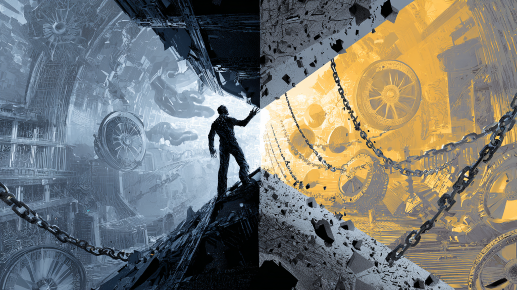 Ilustración conceptual cinematográfica dividida en dos realidades. A la izquierda, en tonos de gris y hormigón, se representa la "prisión corporativa" del mercado tradicional con relojes y engranajes pesados. A la derecha, un horizonte dorado y tecnológico con estructuras de datos flotantes, que representa la libertad del mercado digital. En el centro, la silueta de una persona atraviesa una pared rota sosteniendo un plano luminoso, simbolizando la ingeniería de una nueva vida y la fuga del modelo de empleo tradicional.