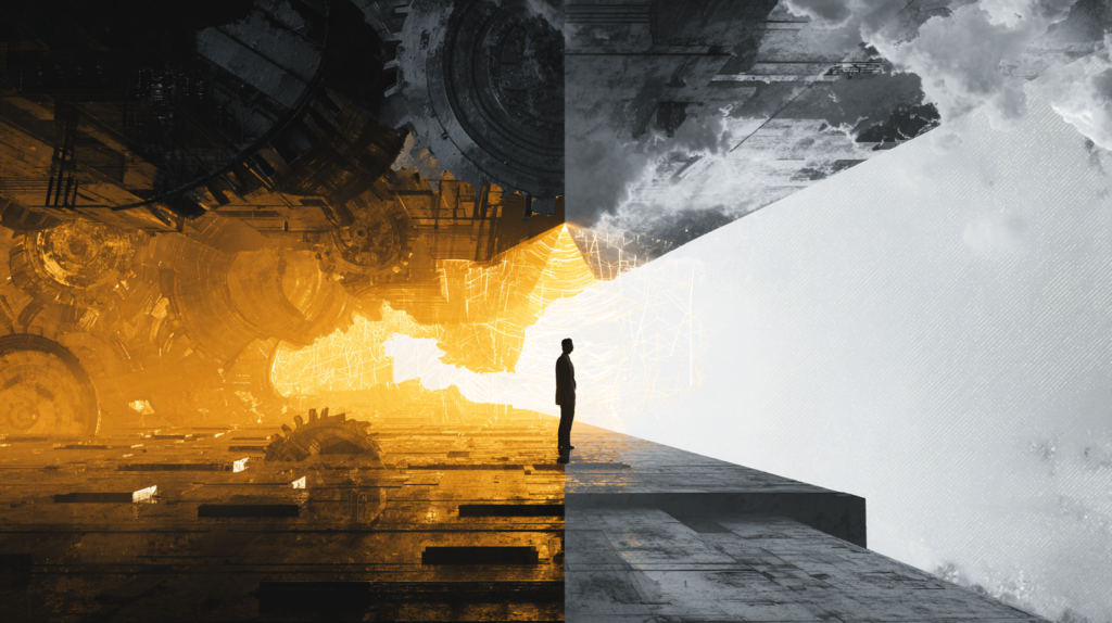 Ilustración conceptual dividida por la mitad. A la izquierda, representación en tonos grises de una oficina corporativa tradicional con engranajes pesados. A la derecha, un escenario digital futurista y luminoso con flujos de datos dorados. En el centro, la silueta de un profesional cruzando del lado gris al lado iluminado, simbolizando la evolución hacia la economía digital con el uso de Inteligencia Artificial.