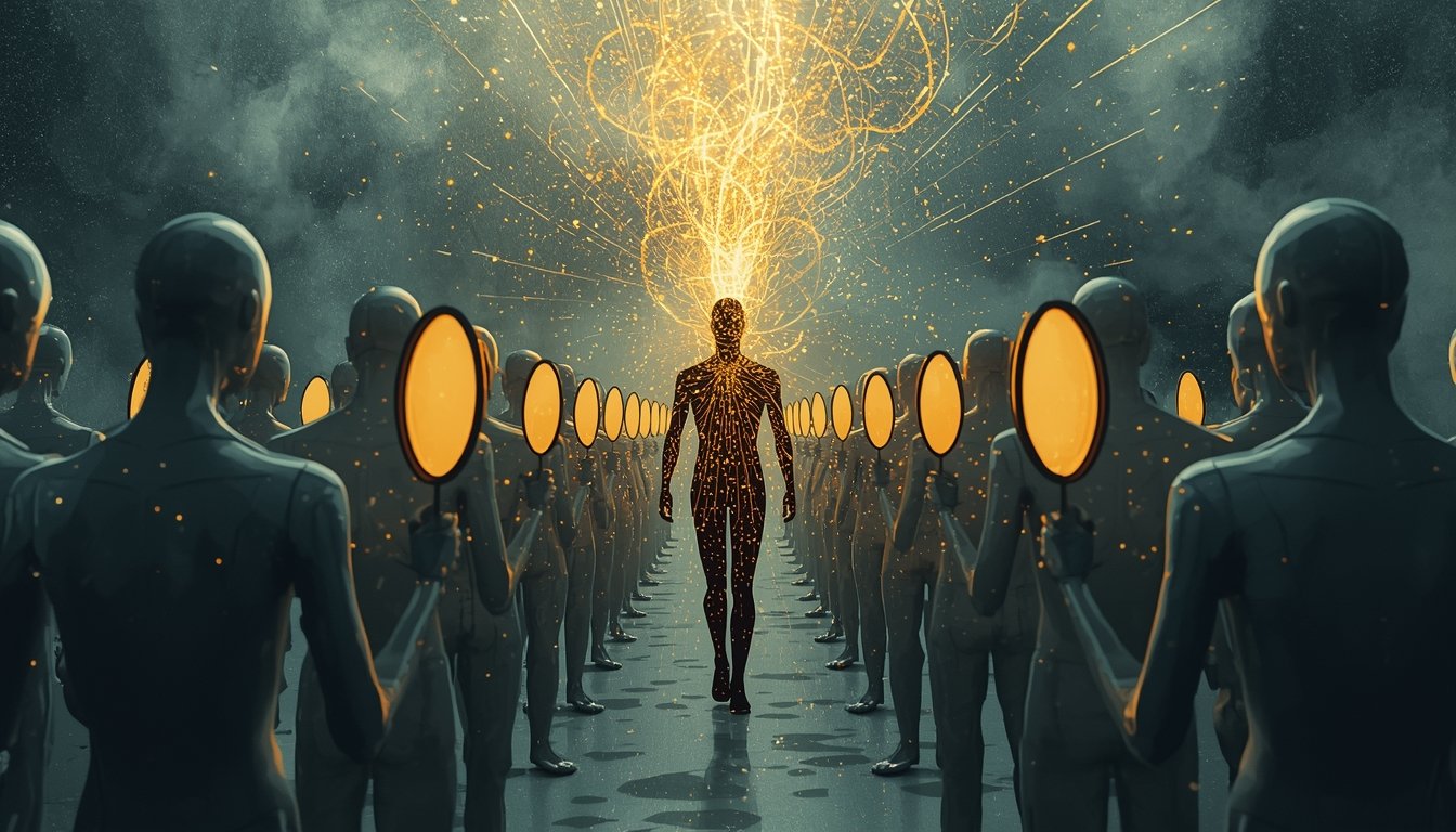 Ilustración surrealista de un emprendedor sereno sentado en un escritorio minimalista flotando sobre una metrópolis caótica llena de notificaciones y relojes derritiéndose. Líneas doradas de datos conectan su mente con estructuras sólidas de oro que representan activos digitales. Estilo cinematográfico, iluminación dramática, 8k.