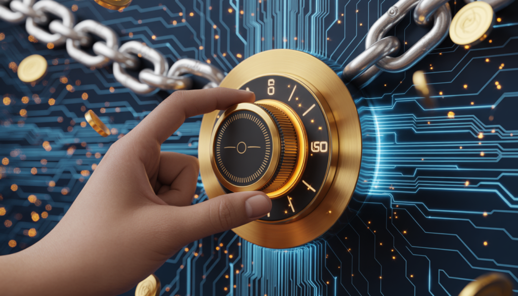 Primer plano de una mano ajustando un termostato de lujo dorado con números brillantes, incrustado en una pared de circuitos neuronales azul-neón. Al fondo, cadenas de hierro pesado se rompen en pedazos, transformándose en chispas y monedas de oro flotantes. Estilo cinematográfico, 8k.